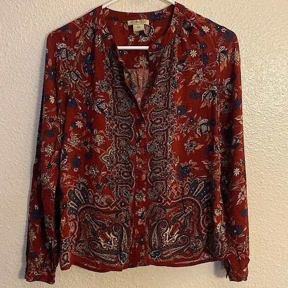 Lucky Brand • Burgundy & Multi-Color Floral Print Button Down Shirt ♥️ - Picture 2 of 10